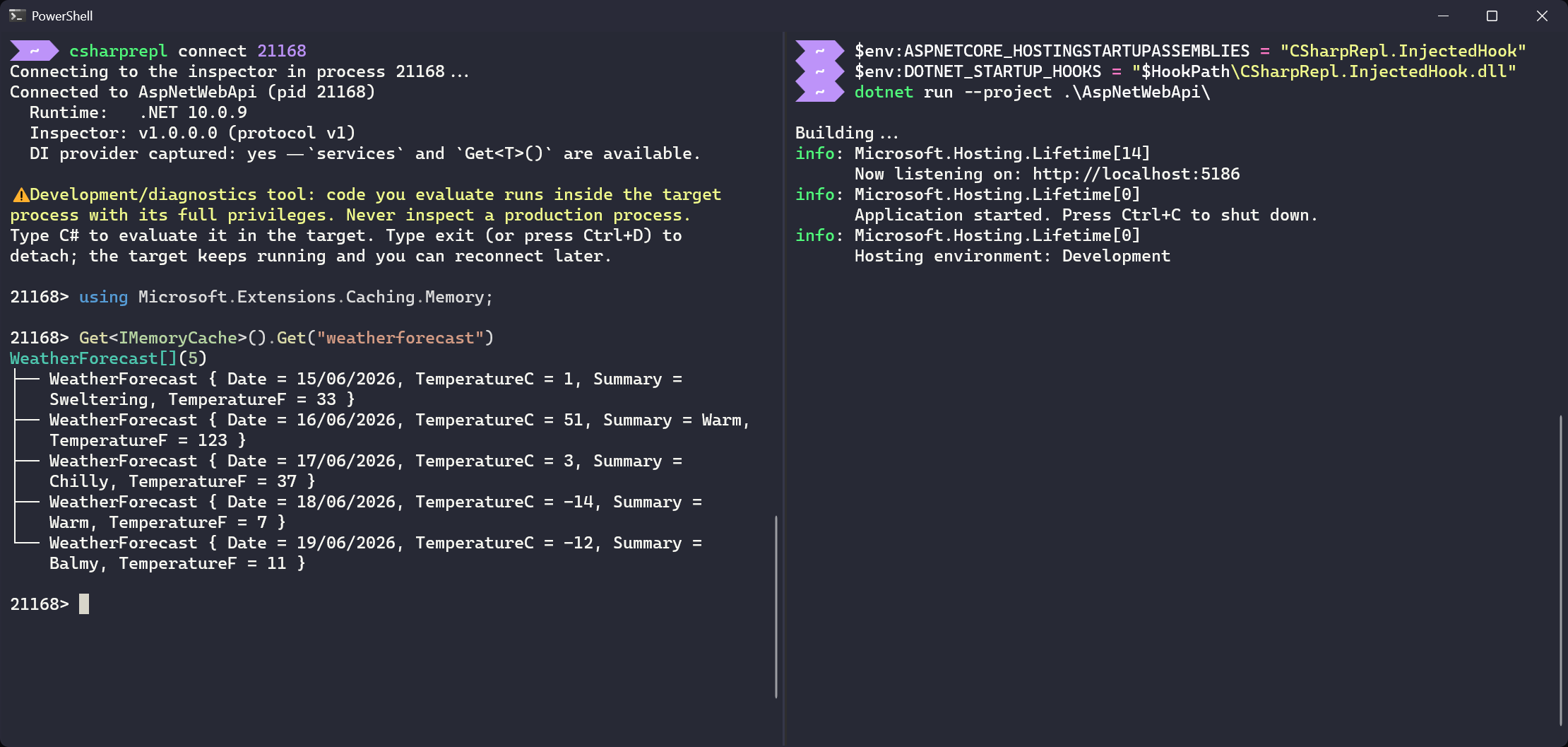 csharprepl connected to a running ASP.NET Core app, reading live configuration and DI-resolved services from inside the process, alongside the target app's console.