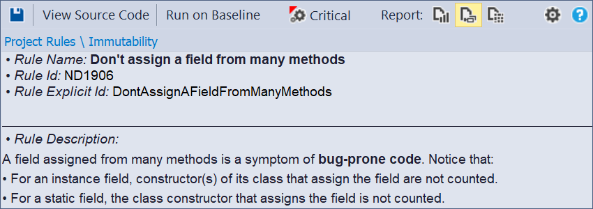 A rule UI that says not to assign a field from many methods. It's a symptom of bug-prone code.
