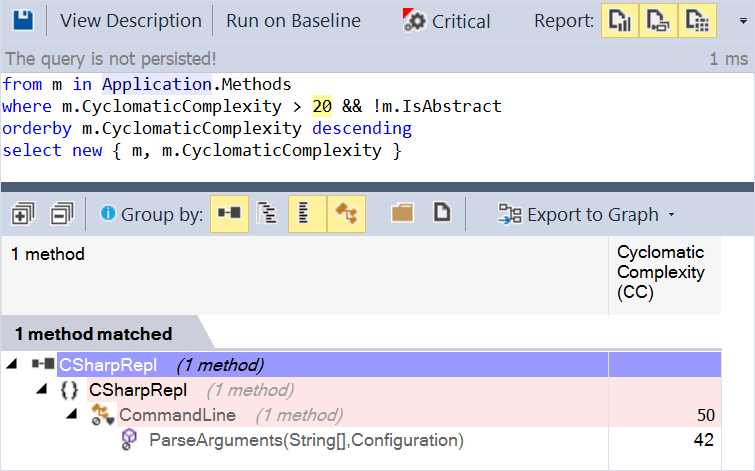 from m in Application.Methods where m.CyclomaticComplexity > 20 && !m.IsAbstract orderby m.CyclomaticComplexity descending select new { m, m.CyclomaticComplexity }