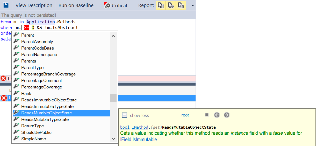 The CQLinq query editor open, with an intellisense menu showing properties like ReadsMutableObjectState, PercentageCoverage, PercentageComment, ShouldBePublic, and many more.